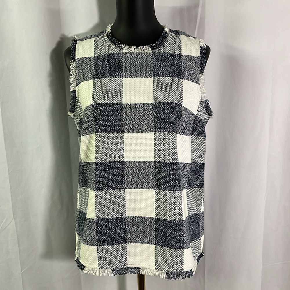 Banana Republic Navy & White Plaid Sleeveless Frayed Shell Top